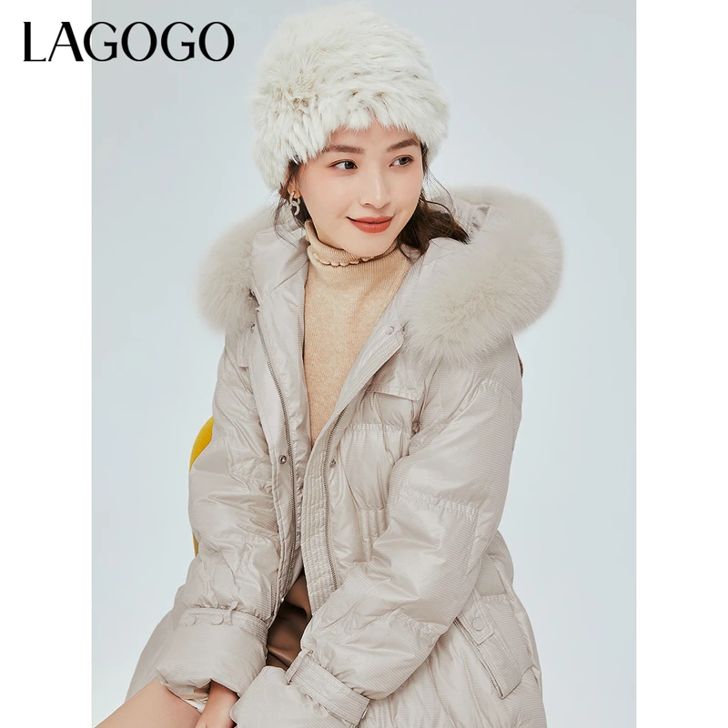 Lagogo新款舒适毛领连帽中长款冬季羽绒服女LCYY43YC91短款