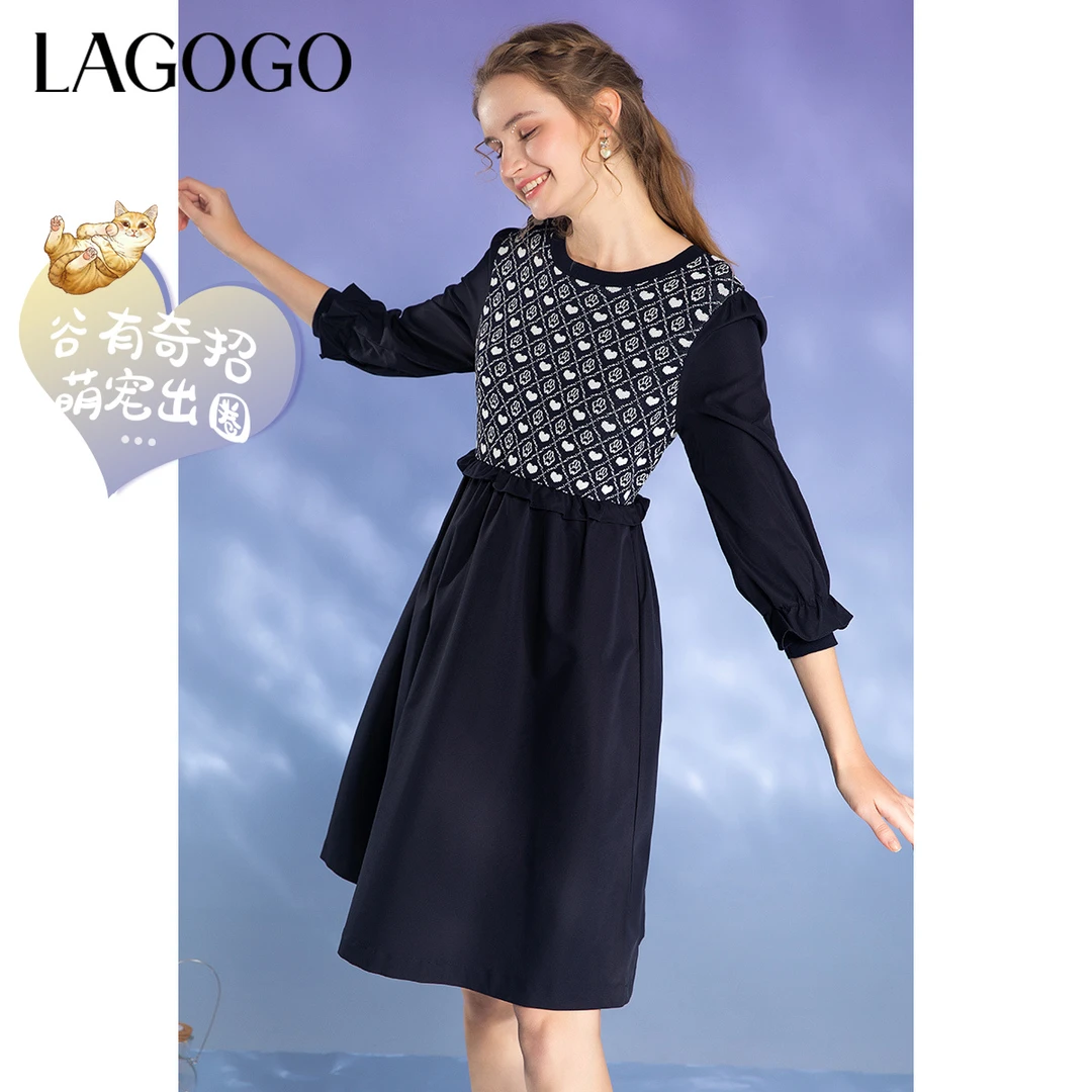 Lagogo新款圆领泡泡袖拼接黑色法式气质收腰时尚设计感优雅