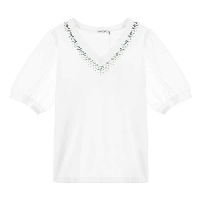 Lagogo拉谷谷夏季新款白色V领简约印花T恤女泡泡袖设计感