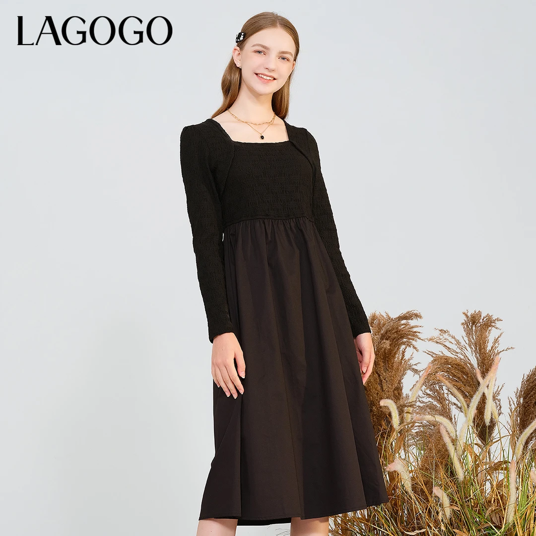 lagogo拉谷谷新款精致方领肌理提花连衣裙女MCLL459Q55