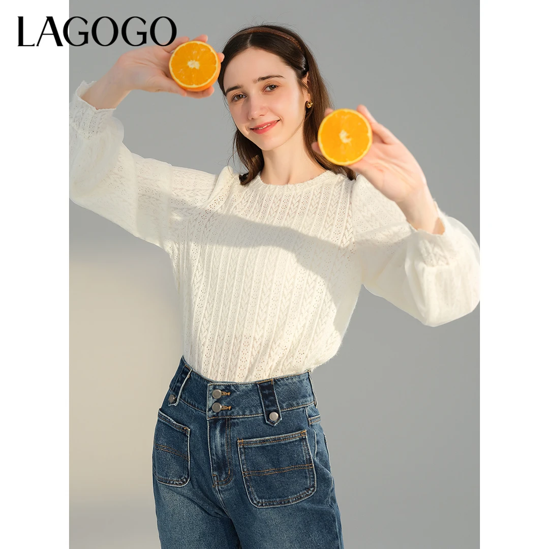 lagogo拉谷谷新款镂空甜美舒适泡泡袖蕾丝衫女NASS531A15