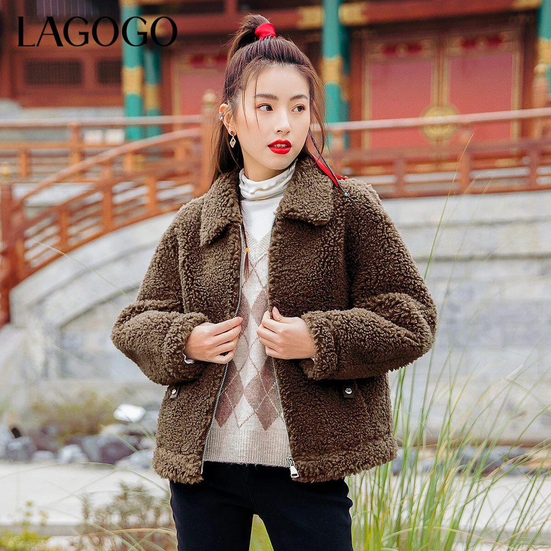 Lagogo新款可爱仿羊羔绒舒适宽松短外套女LCWW53YC43