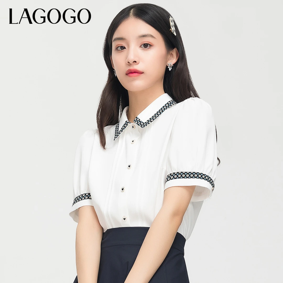 Lagogo拉谷谷夏季泡泡袖减龄单排扣白色衬衫女休闲上衣短袖