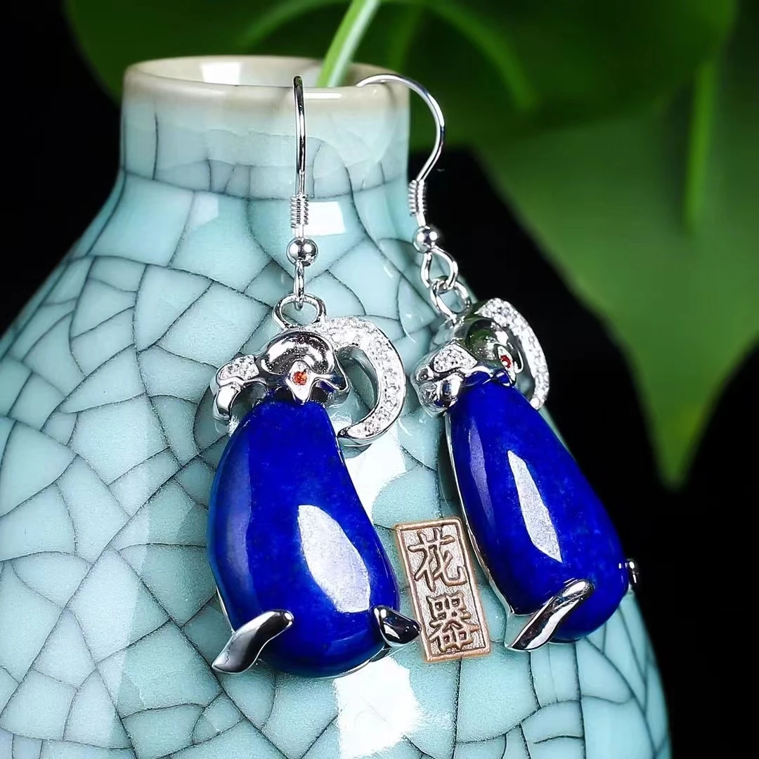 天然青金石老矿料银耳环