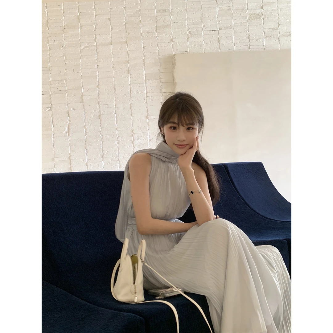 DUCHUNZI 缪斯仙女裙 百褶飘带连衣裙女气质白色压褶收腰显瘦裙