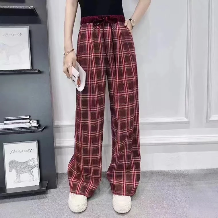 016早秋新款丝绒松紧腰抽绳格子花纹复古慵懒风女士直筒裤