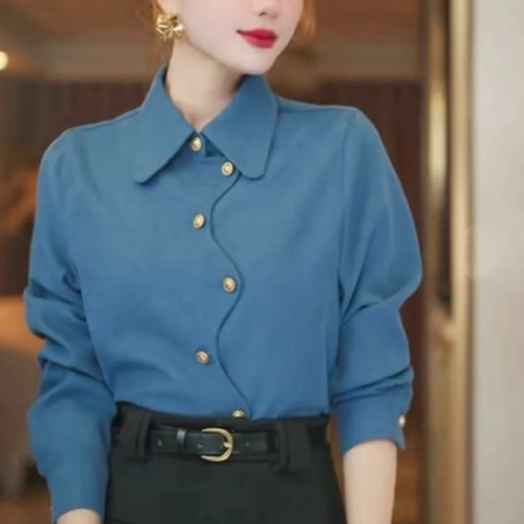樊范儿港式复古不规则门禁设计衬衫女秋冬新款加厚百搭上衣-24699
