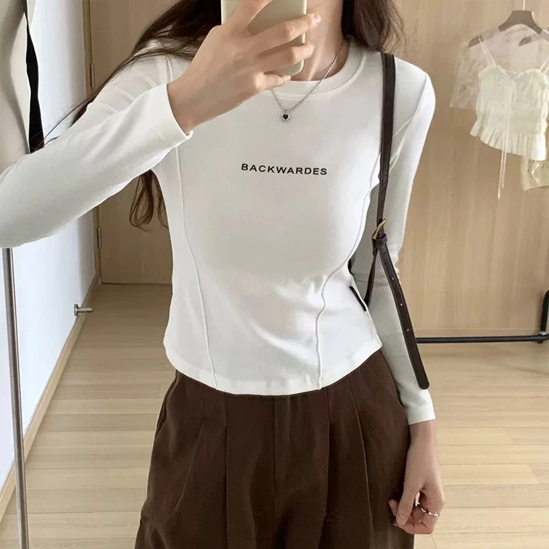 樊范儿秋季新款百搭时尚鱼骨线字母T恤上衣2024通勤韩版女-FE435