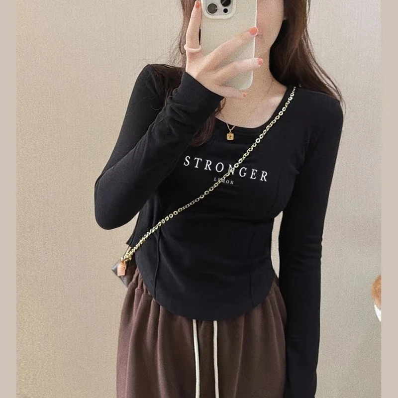 樊范儿2024秋新款T恤上衣韩版立体字母鱼骨打底衫时尚通勤-FE493