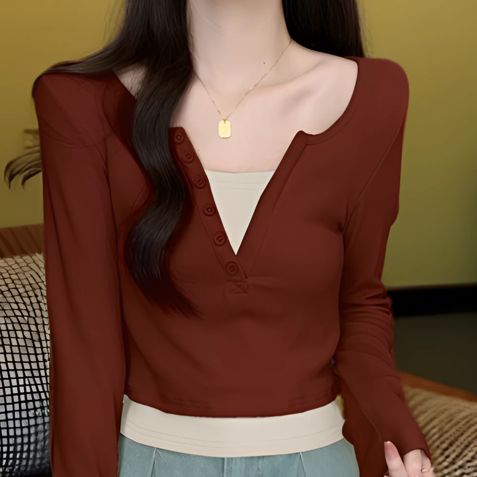 【福利款】上衣长袖女2024新款假两件早秋V领修身撞色长袖T恤-24583