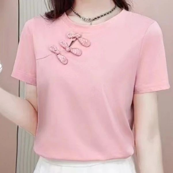 （衣长约56）夏季新款时尚百搭休闲显瘦减龄国风中式圆领T恤9816