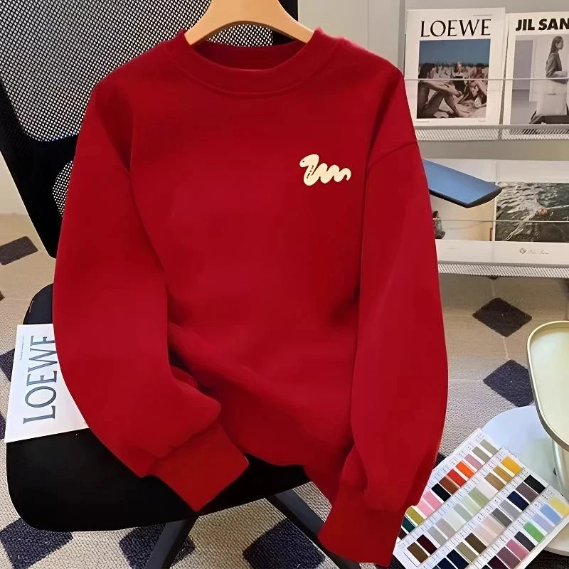 仓石一树潮牌蛇年本命年圆领卫衣男士秋冬2025新款加绒酒红色衣服