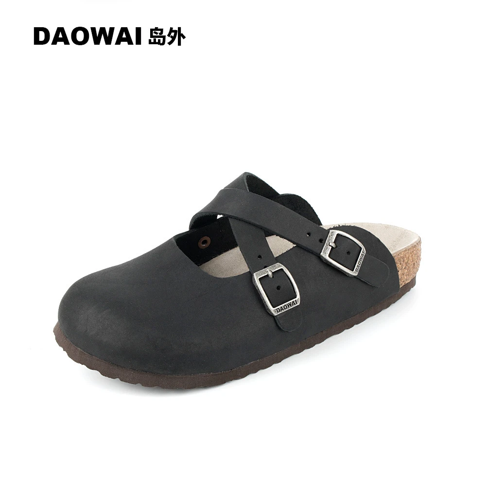 岛外软木鞋夏季头层真牛皮交叉圆头复古时尚潮流外穿