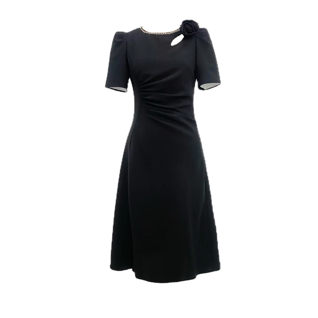 【一线女装】拉K家25夏季新款气质修身圆领开叉收腰显瘦连衣裙 1104