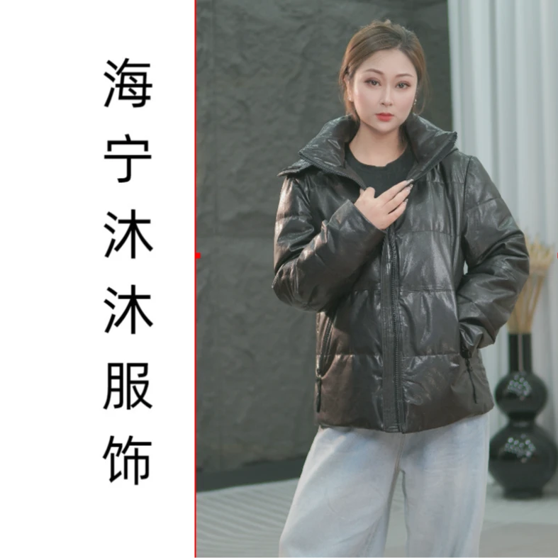 2407头层牛皮白鹅绒真皮小牛皮女时尚休闲百搭黑色连帽宽松秋冬