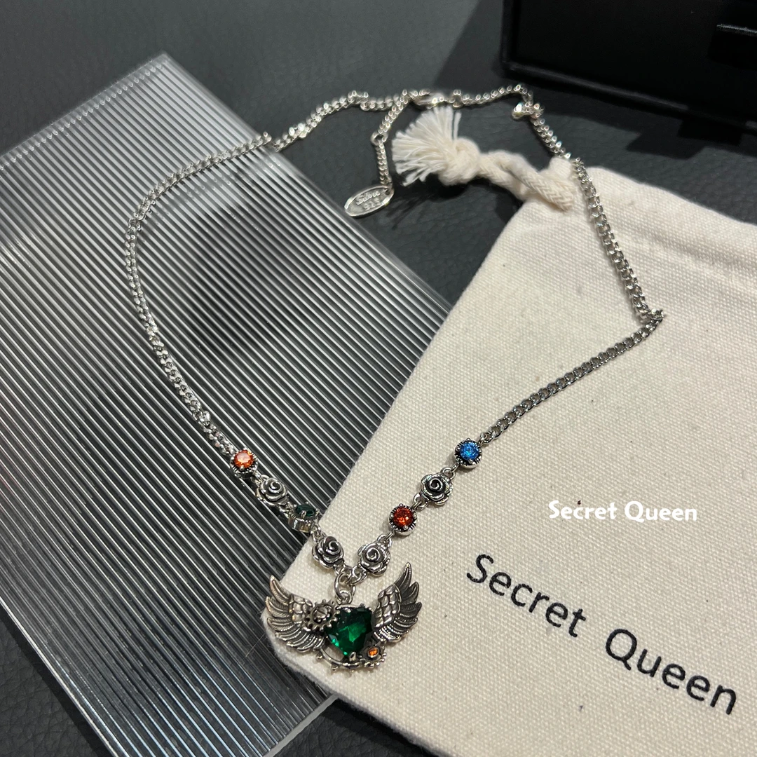 铜合金项链 小众设计绿锆爱心天使之翼项链做旧F018