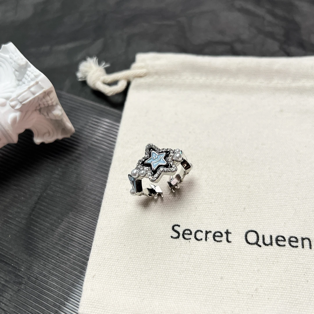 铜合金珐琅戒指 小众设计笑脸星星珍珠戒指开口戒AE016