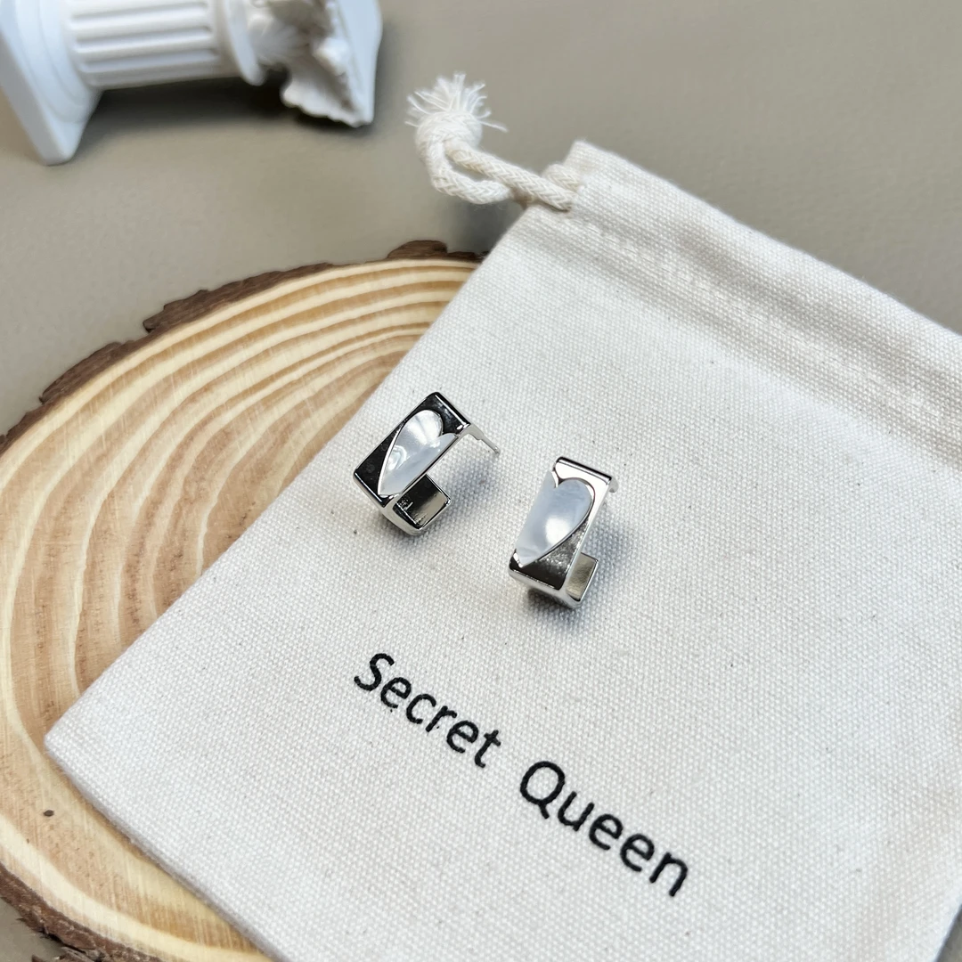 铜合金耳饰 小众设计白贝爱心方形耳钉C031