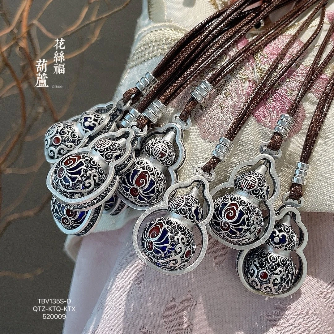 吊坠足银 花丝福葫芦纯银项链女新中式复古银吊坠毛衣链可转动