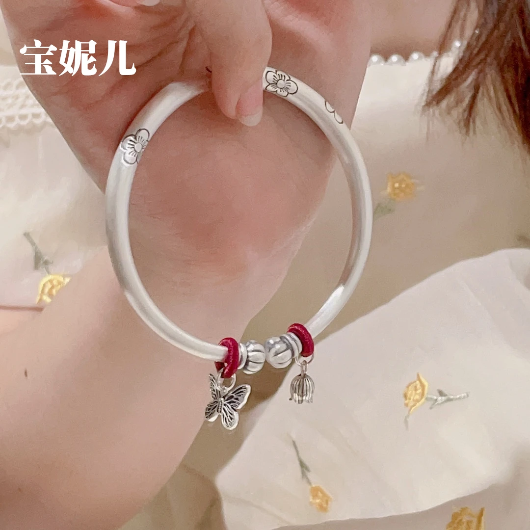 足银手镯 南瓜头9999纯银手镯女复古花朵蝴蝶实心银镯子古风绕线