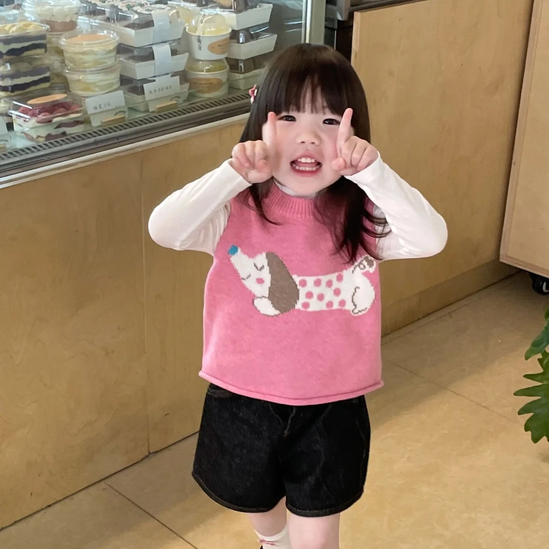 韩版童装女童针织马甲秋装新款儿童洋气时髦粉色背心宝宝无袖毛衣
