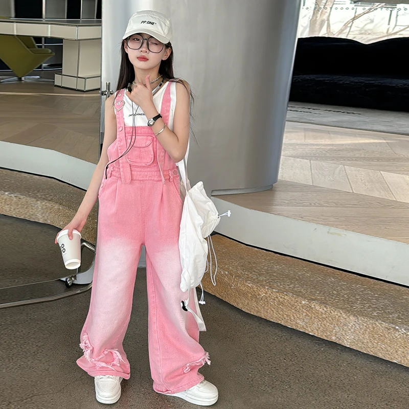 女童背带裤牛仔长裤子春夏款儿童吊带休闲裤套装韩版洋气中大童潮