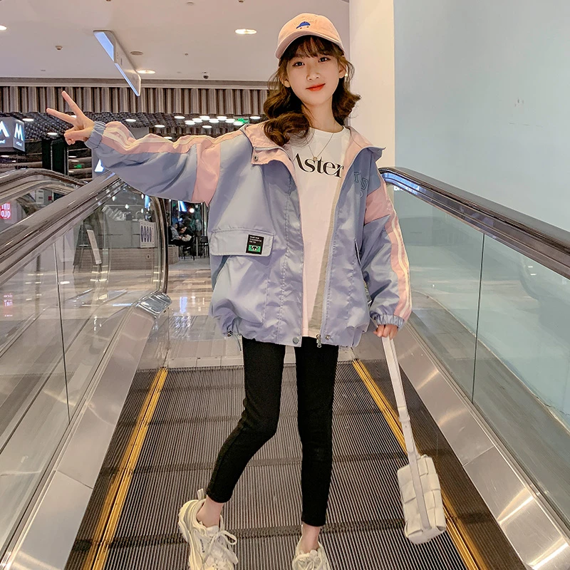 女童外套春款2024新款韩版儿童装洋气风衣中大童秋装连帽上衣外穿