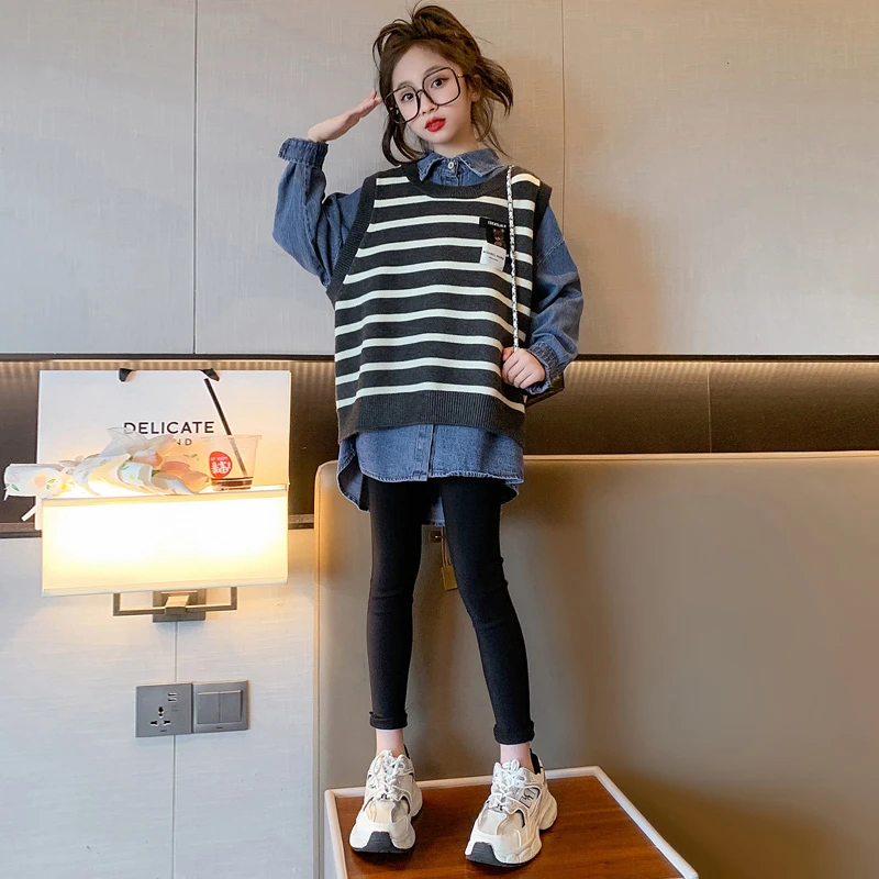 女童春装牛仔衬衫马甲套装2024新款洋气中大童春季时髦上衣两件套