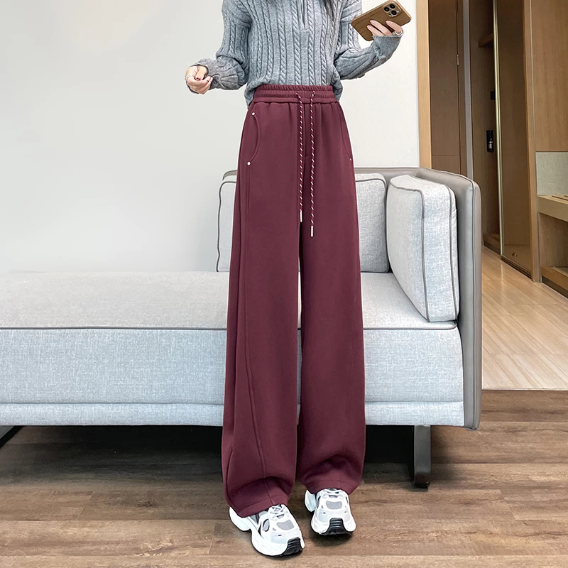 安可拉红阔腿裤香蕉裤子女加绒加厚秋冬新款显瘦宽松休闲运动卫裤
