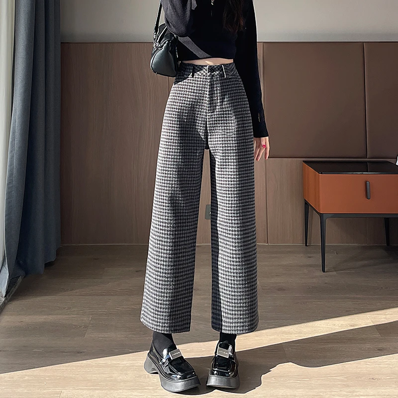 加厚毛呢格子阔腿裤女2025秋冬新款高腰显瘦小个子咖色九分直筒裤