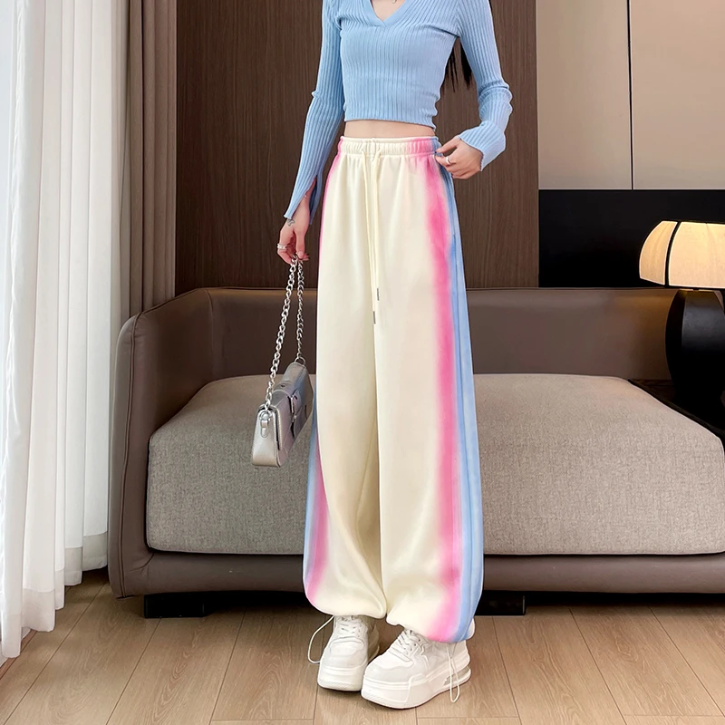 加绒加厚高腰阔腿裤女秋冬季新款垂感束脚直筒卫裤渐变运动运动裤