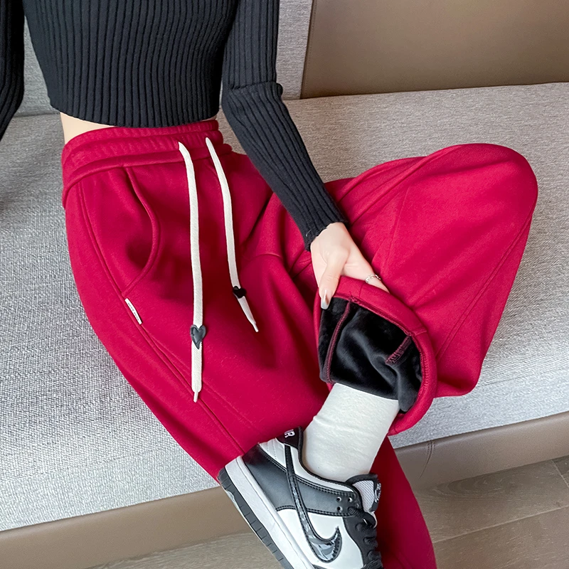 窄版运动裤女款2025秋冬加绒加厚高腰显瘦宽松休闲阔腿裤直筒卫裤
