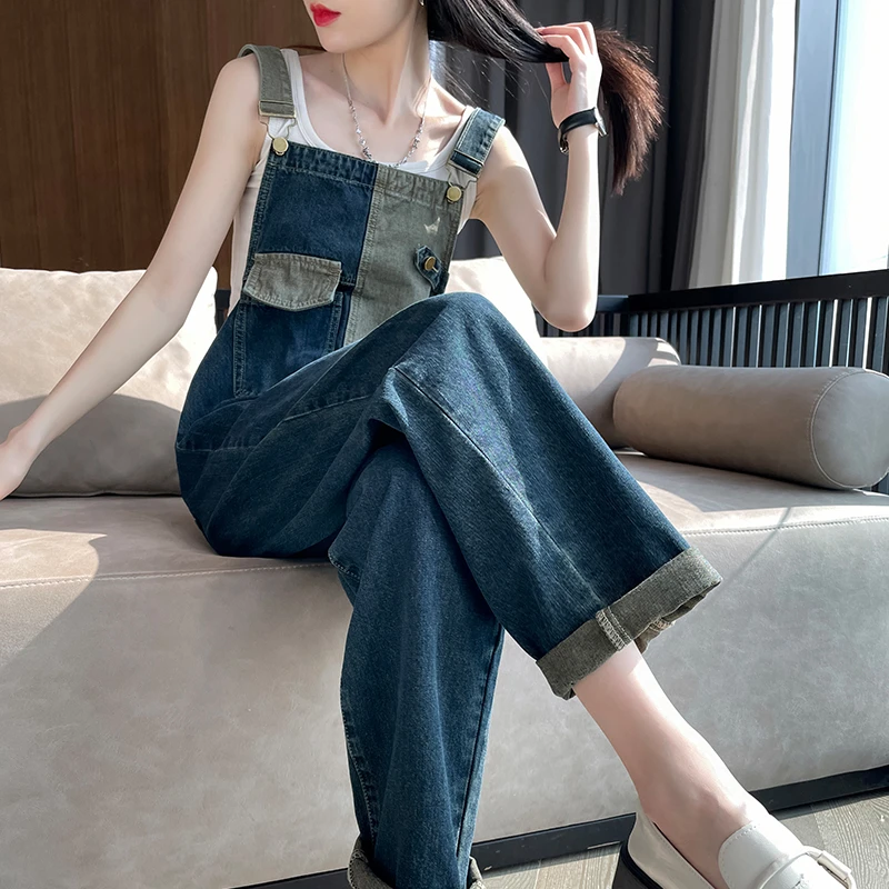 牛仔背带裤女款爆款2025新款春秋宽松显瘦网红款工装连体裤九分裤
