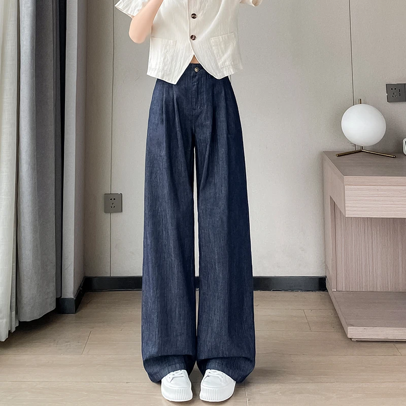休闲窄版阔腿牛仔裤女春夏季2025年新款高腰垂感宽松薄款百搭长裤