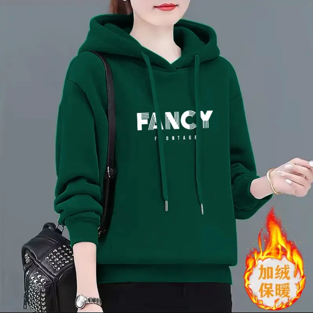 秋冬女士卫衣新款中年妈妈时尚上衣加绒加厚宽松洋气连帽外套女