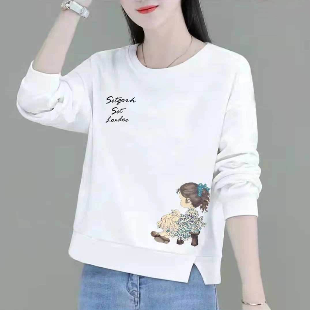 100%纯棉长袖秋季卫衣女显瘦洋气白色韩版百搭宽松印花外穿秋衣潮