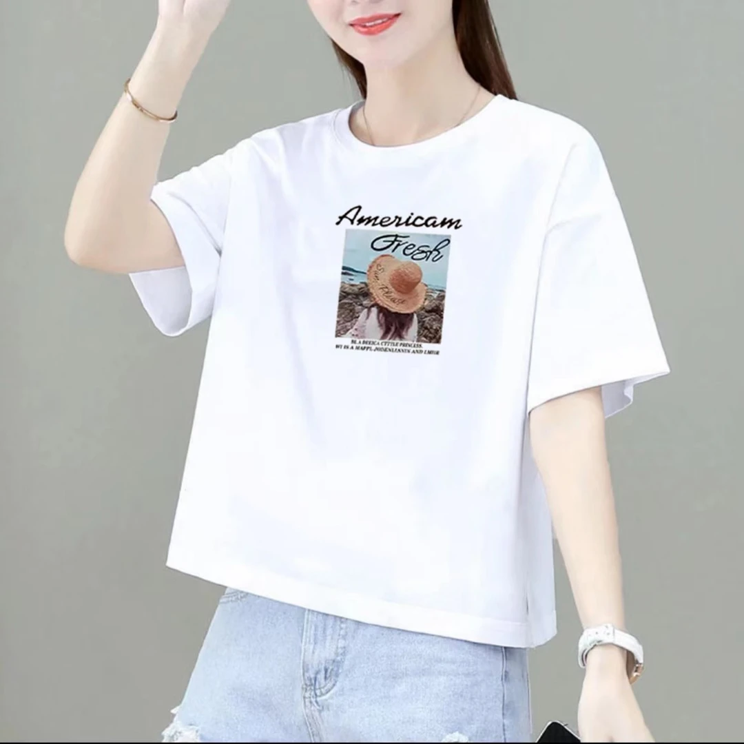 t恤2024夏季百搭时尚显瘦圆领运动半袖女士白色简约印花潮流短款
