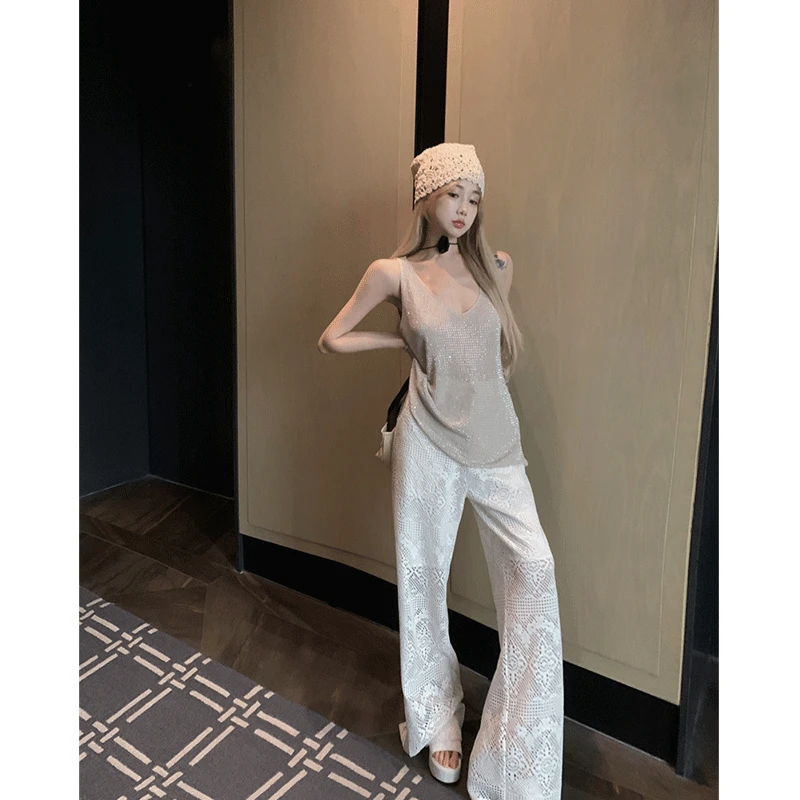 独特别致女夏碎花拼接镂空薄款阔腿裤休闲裤无袖带钻背心简约上衣