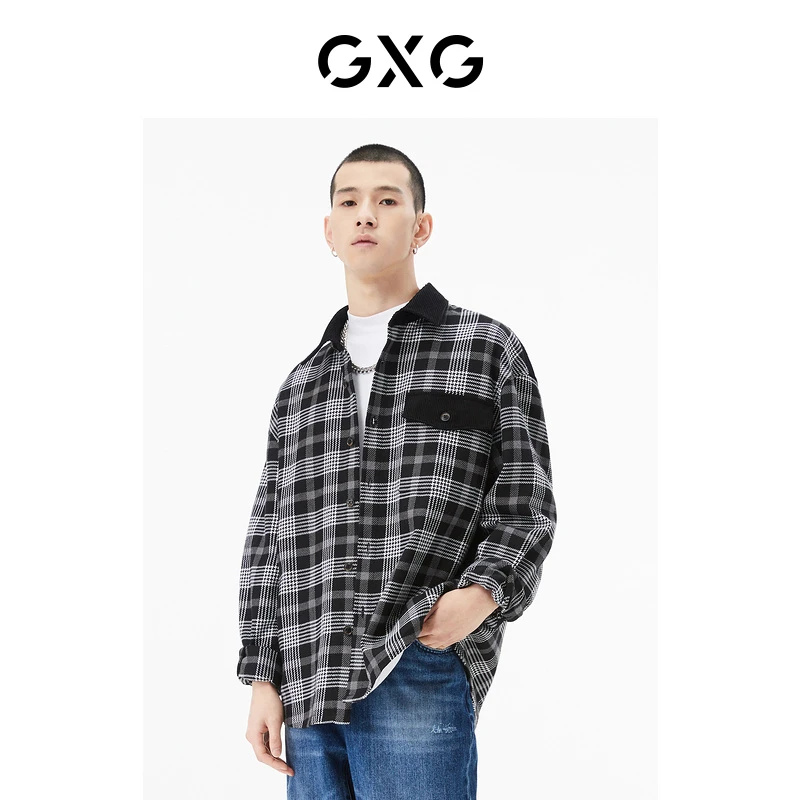 GXG男装 商场同款黑白格翻领长袖衬衫 22年秋季新品#GD1030913H