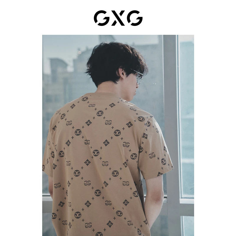 GXG男装 双色圆领短袖T恤老花满印 2023年夏季新品#10E1440395B
