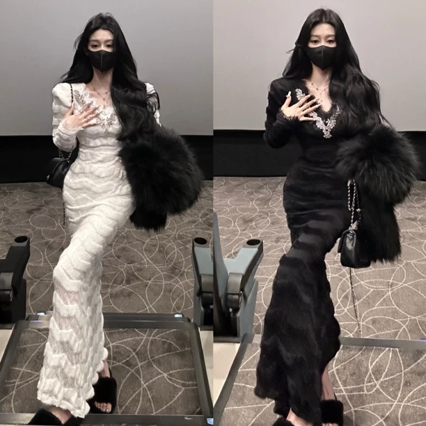 【E-shine】水貂绒拼水钻蕾丝加绒连衣裙显瘦秋冬时尚小众