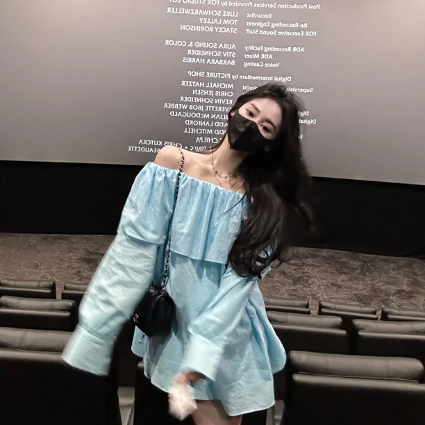 【E-shine】（多巴胺女孩）麻料一字肩清新套装法式露肩气质