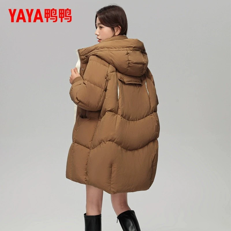 鸭鸭羽绒服中长款冬季女撞色加厚韩版白鸭绒冬季面包服2022年新款