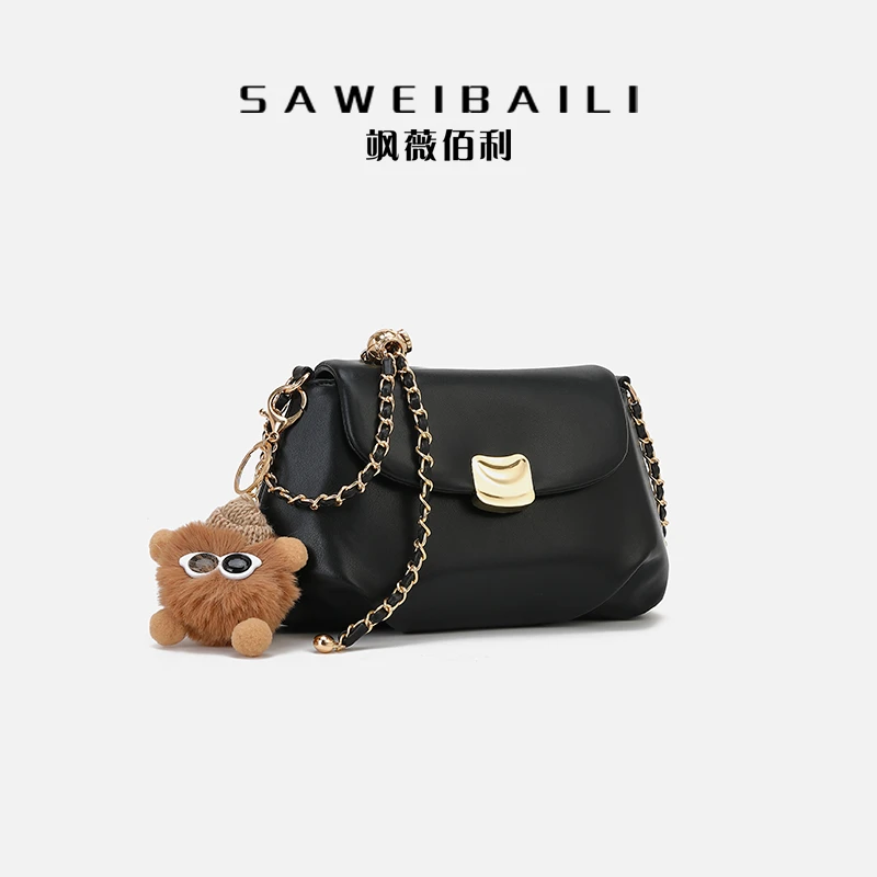 SAWEIBAILI高级感云朵褶皱包黑色链条斜跨包yq-60210