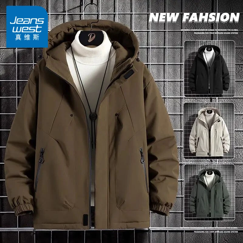 Jeanswest/真维斯秋冬季加厚连帽棉衣男士潮牌百搭休闲保暖冲锋衣