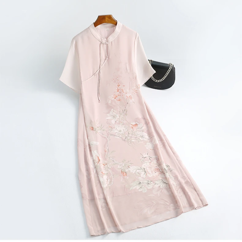 真丝连衣裙（粉色云霞）宽松真丝桑蚕丝中国风长裙 2024夏季