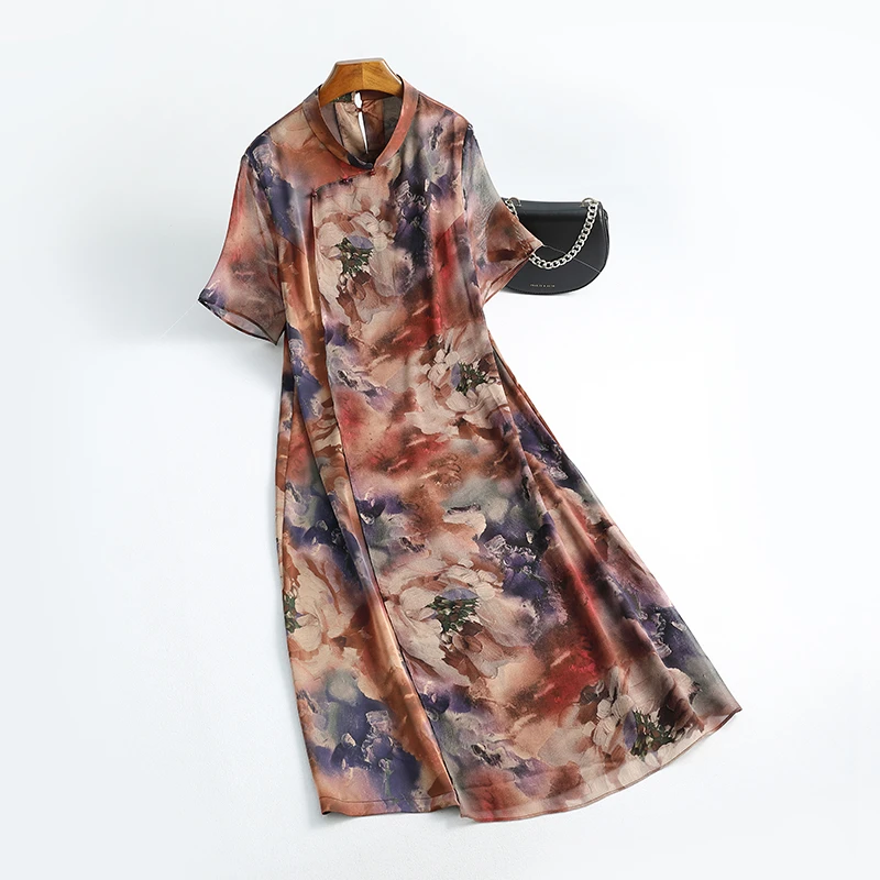 香云纱连衣裙（花前悦夏）宽松 真丝桑蚕丝  复古国风长裙