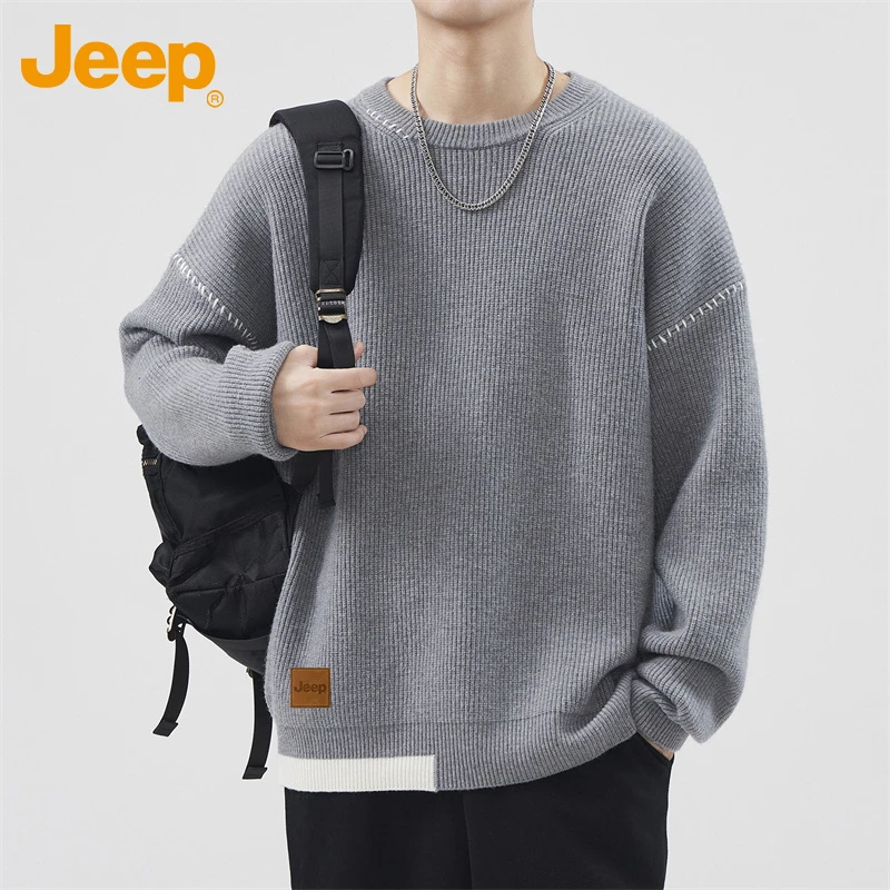 Jeep吉普男士设计感毛衣春秋新款美式圆领套头宽松潮牌针织衫百搭