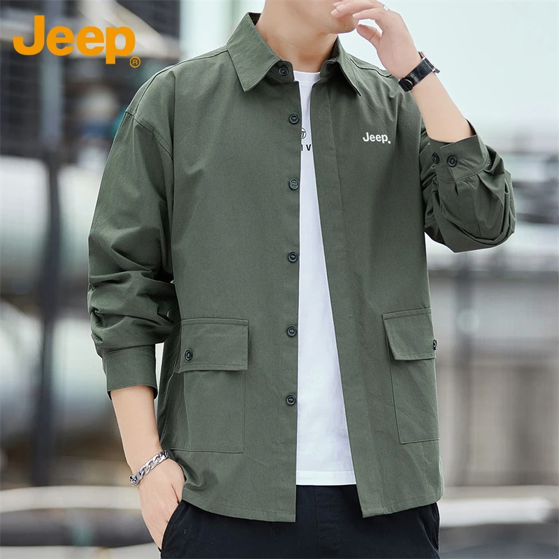 Jeep吉普长袖衬衫男士春秋潮流休闲工装纯色百搭纯棉薄款外套宽松