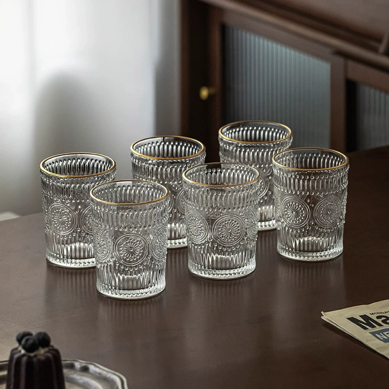 玻璃杯复古家用太阳花浮雕喝水杯网红轻奢茶杯透明咖啡杯杯子玻璃